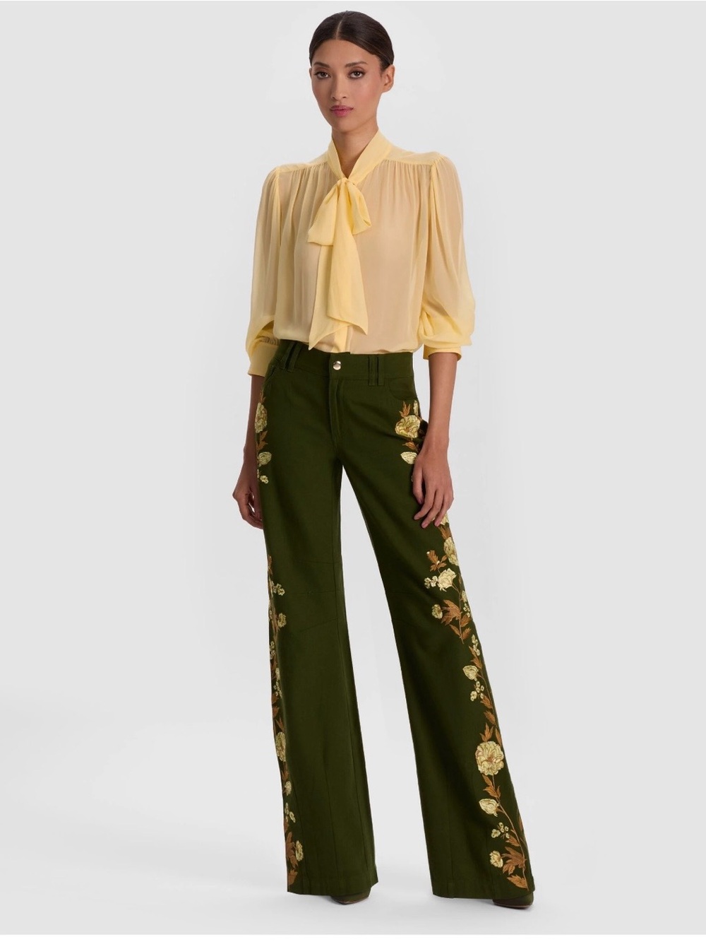 Alice + Olivia Olive Green Wide-Leg Floral Embroidered Trousers